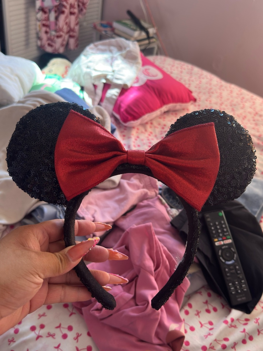 Disney Black Sequin Mouse Ears Headband with Red Bow